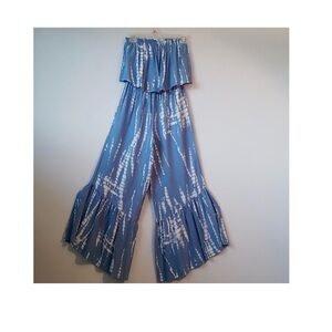 Japna Women’s Size M Tye Dye strapless Wide Leg Ruffle jumpsuit White Blue Boho
